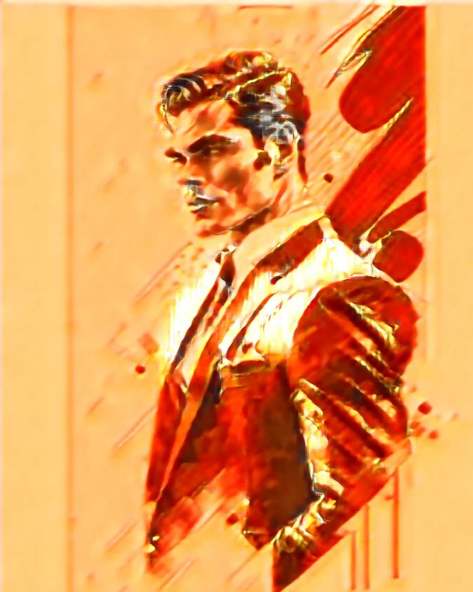 Create a compelling image featuring a man in a red suit with a dapper expression against a white background. Specify a hand-drawn style with bold strokes, emphasizing the meaning of the subject. Ensure the composition captures the essence of elegant expression, creating a visually striking and impactful scene through the use of hand-drawn strokes.