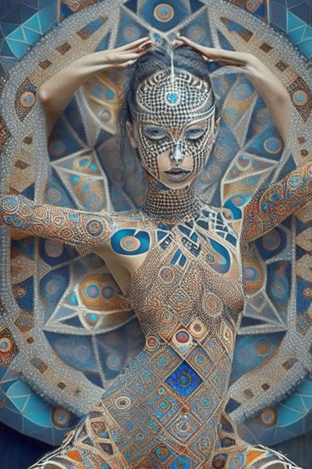 gypsy dancing, Feng Shui, optical illusion body art, chaotic matrix patterns, intelligent use of composition, creative use of textures, unique repeating patterns, perfect body parts, Perfect hands, perfect nose, perfect ears, Perfect feet, perfect symmetrical eyes