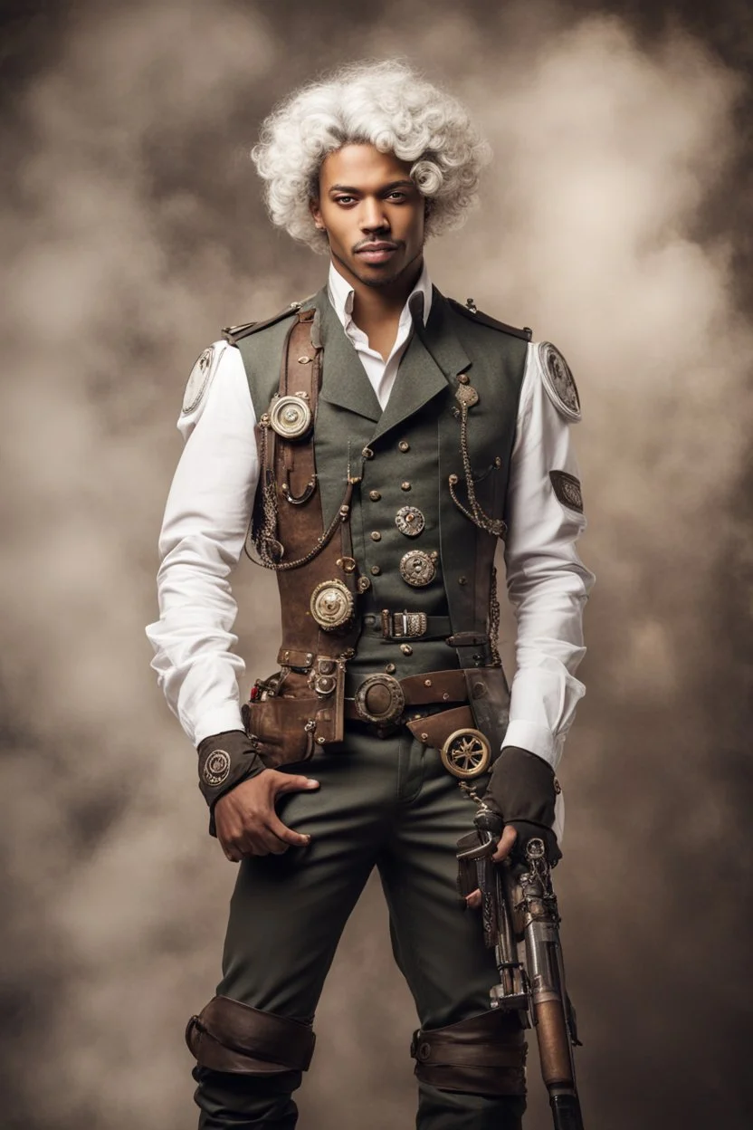 young and handsome mulatto man, with wavy snow white hair dressed as a steampunk military officer