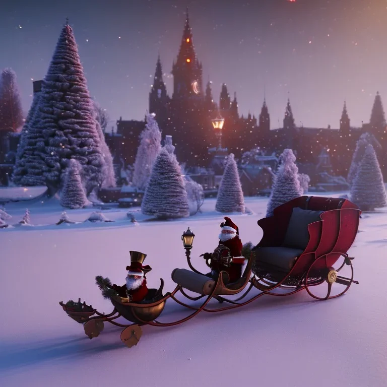 steampunk santa sleigh, 4k, highly detailed, cinematic, ultra photorealistic, ultra realistic, volumetric lighting, snow, christmas lights