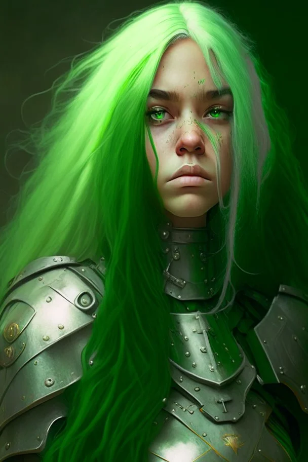 A portrait of a young girl with an heavy armor, long green hair