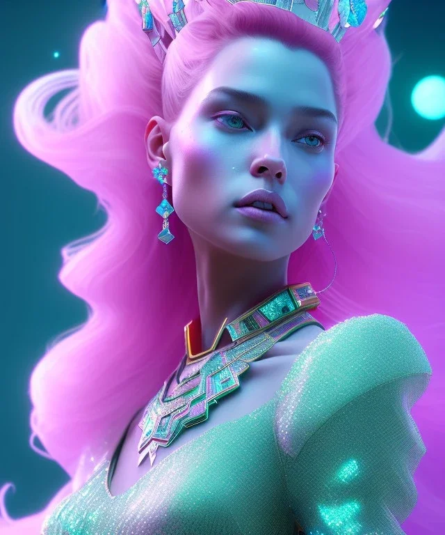 A portrait of a crystalised queen, atmospheric, realistic, unreal engine, cinematic lighting, octane render, transoarent, pink turquoise light