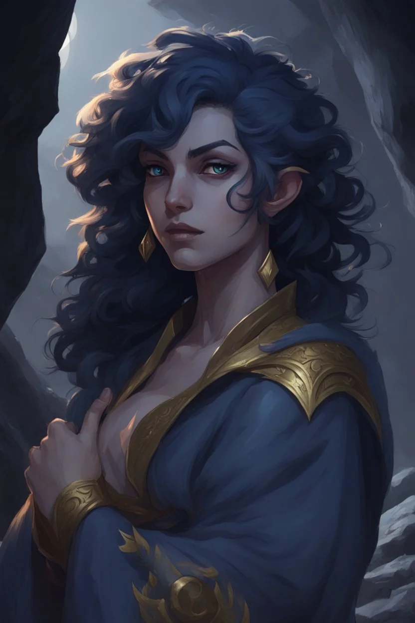 Dnd character on her knees in a dark cave. A female Moonelf twilight cleric with super curly, super short, dark blue hair and golden eyes. Wearing grey robes. Muscular, broad, beautiful.