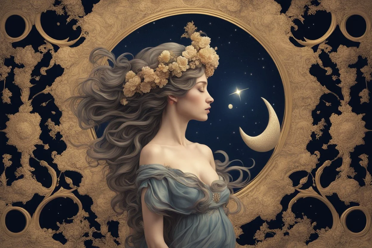 sky in a starry night with glowing meteor showers, ascension of a woman in flower crown decomposing and dissolving into moon, dark - blue black gold beige saturated, ornate baroque rococo art nouveau intricate detail, 3 d specular lighting, cinematic