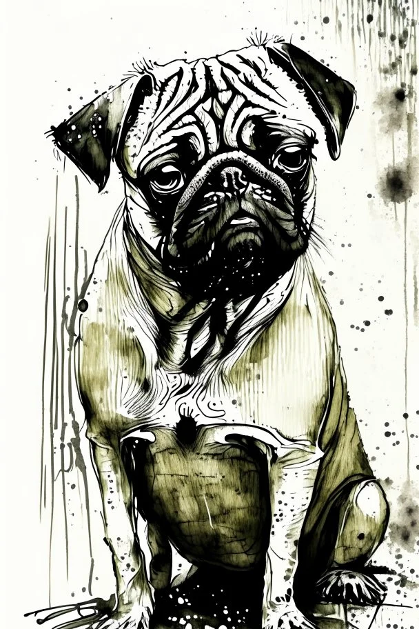 Abstract wet watercolourof a pug,ink lines, Bernard buffet