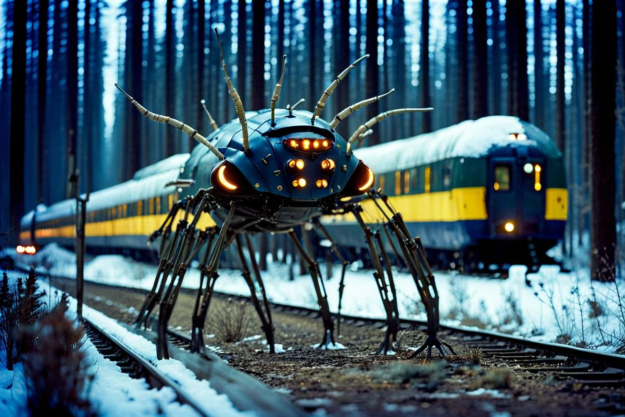 Subject( A centipede bug man robot cyberpunk futurism), Location(A forest with a futuristic train station, Forest, Alberta, night, Feb, 1994), Frame(wide shot of passenger facesinterior train), Cam( Nikon, R3, anirmorphic lens, extreme bokeh blur, analog film grain,fuji film, color fading, film scratches, mold, vinegar syndrome, dirt, dust, emulsion damage, water damage, film tears, Cinemascope mumps, gate hair)