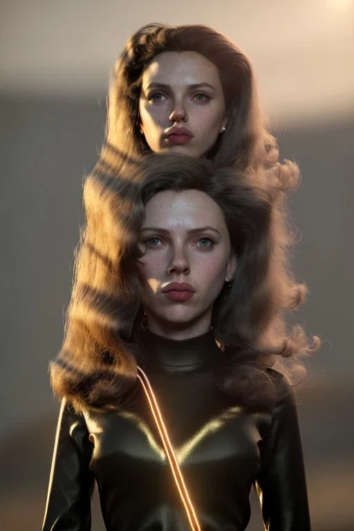 retro portrait image from 1960, explosion, long hair, young Scarlett Johansson, classic black tight lycra suit, weapon metal sticks, gold bracelet and belt, high heel boots, soft color, highly detailed, unreal engine 5, ray tracing, RTX, lumen lighting, ultra detail, volumetric lighting, 3d, finely drawn, high definition, high resolution.