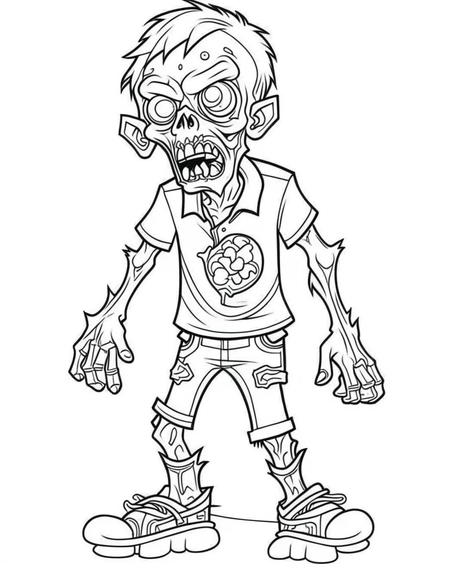 outline art for halloween coloring pages for kids with cartoon cute happy zombie , white background, Sketch style, full body, only use outline, clean line art, white background, no shadows and clear and well outlined, coloring page for kids, kawaii style