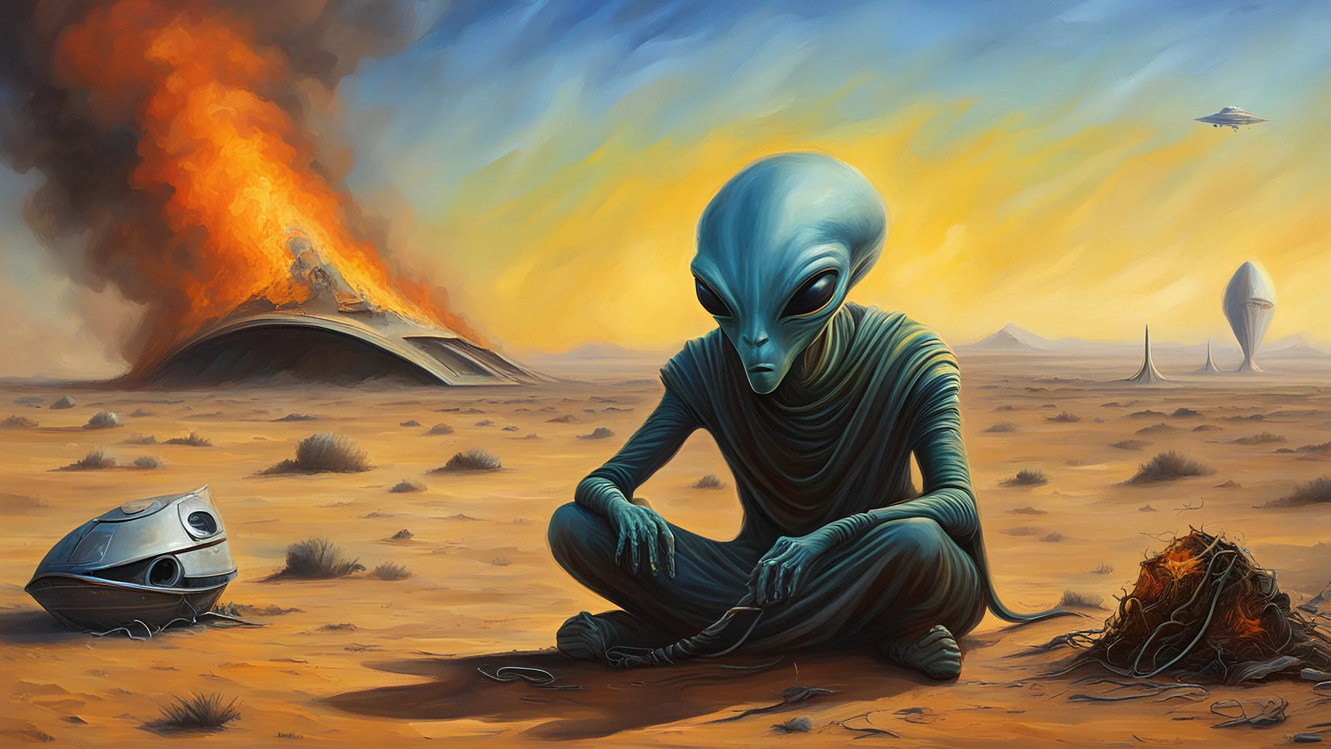 Sad alien smokes, sitting on a ground, An alien ship crashed into the ground, desert, (fire:0.2), (oil painting:0.1),