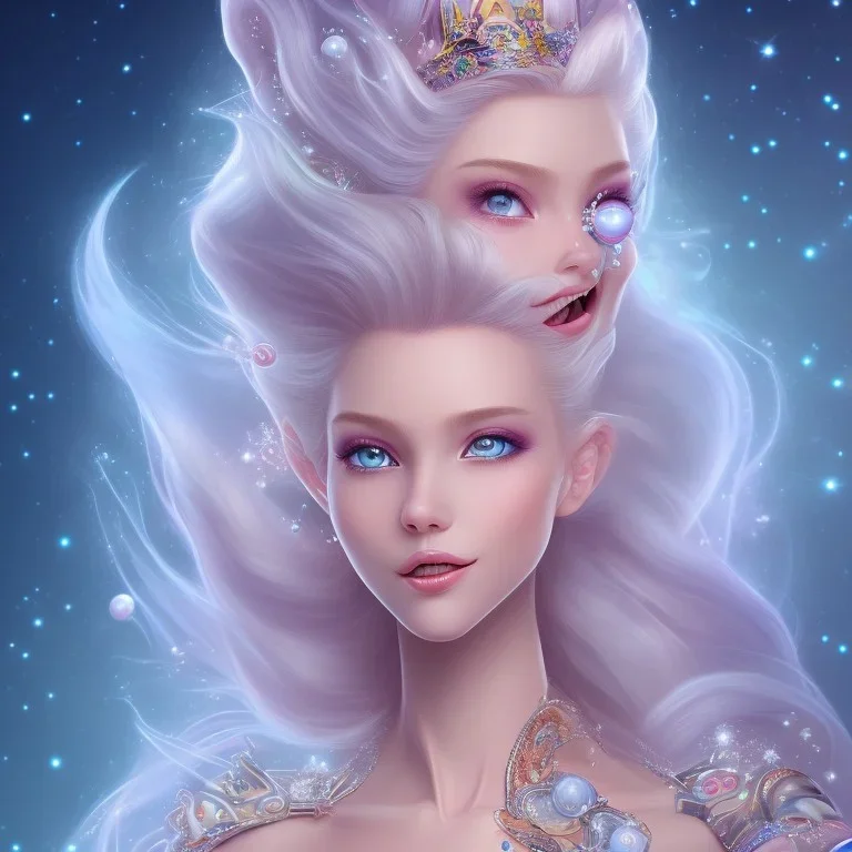 cosmic petit prince belle fine, profil de trois quart, grand front cosmique, peau bleu cristalline, yeux bleu, perle sur le front long cheveux blond et rose etoilé, cristaux sur le corps, collier de grande princesse, levres souriante, très jolie sourire