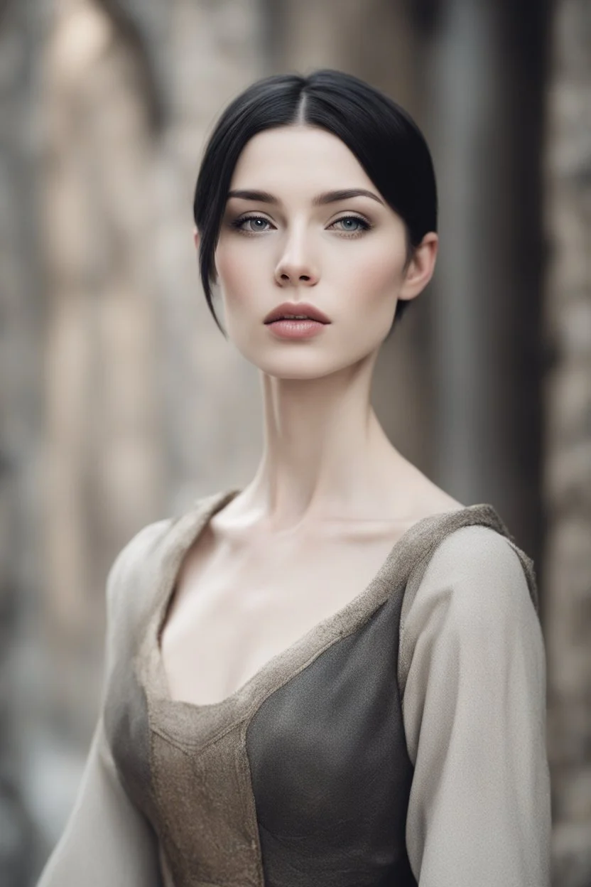 Scandinavian medieval woman with black short hair, pale skin, pretty lips, fit