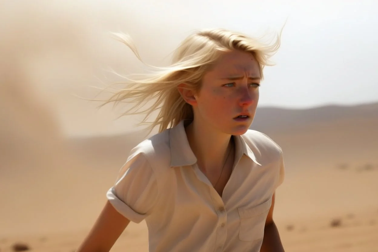 Un niña rubia vestida con un camisión blanco, en primer plano, mientras por detrás se aproxima una tormenta de arena. Fotografía realizada con cámara Leica. Objetivo de 50 mm