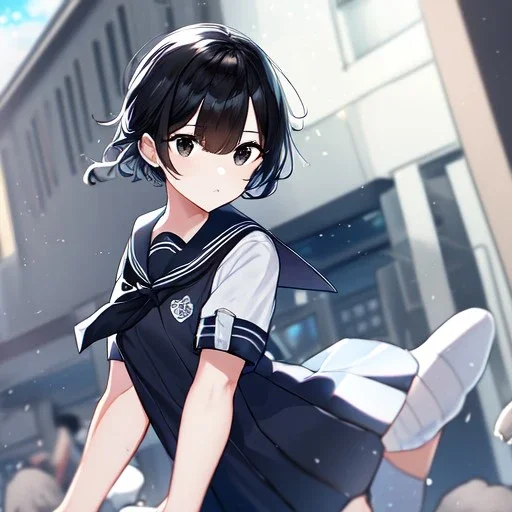 Clear focus, High resolution, short black hair, black eyes, wearing a sailor uniform, rough line, frowning, chopped bangs, fluffy hair, long white socks