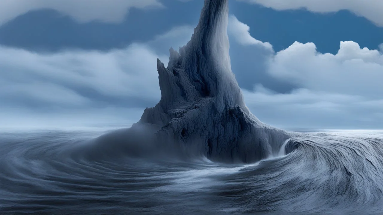 A colossal, calcified mountain, shaped like a great blackend redwood tree trunk, rises dramatically from the ocean. A powerful whirlpool swirls around the entire mountain, drawing water from the ocean and funneling it into a pit at the base of the trunk. Treacherous, broken steps wind their way up the cliff fac, leading the viewer's eye upward. composition emphasizes scale and power of the mountain, intensity of the whirlpool. style: realistic fantasy. dramatic, moody ligh