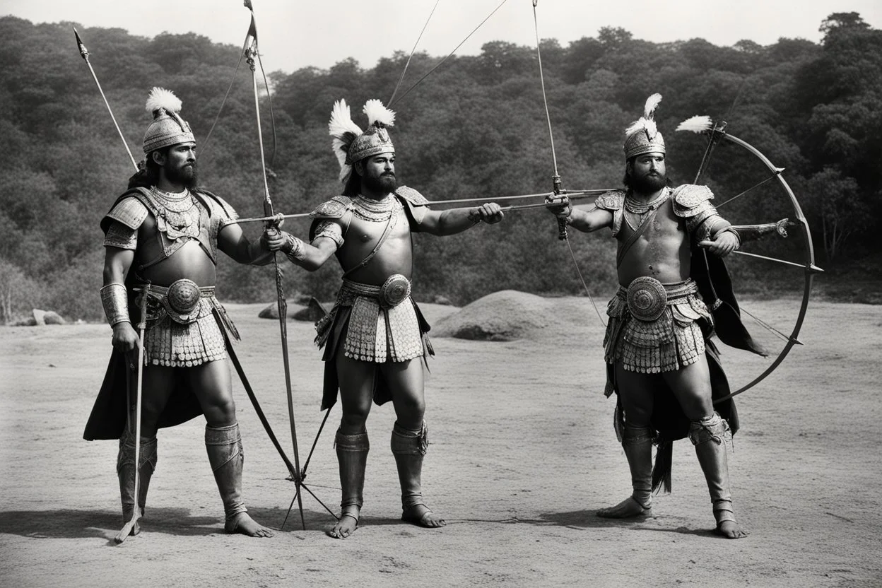 [very impressive high res masterpiece in Kodak Eastman 5247, scene by László Krasznahorkai] As Arjuna and Duryodhana stand shoulder to shoulder, facing the same wooden target in the archery contest, their skills as archers are undeniable. Both warriors possess remarkable talent and prowess with the bow, each capable of hitting their mark with precision and power. Arjuna's form is impeccable, his arrows flying true and striking the target with effortless grace. His mastery of archery shines brigh
