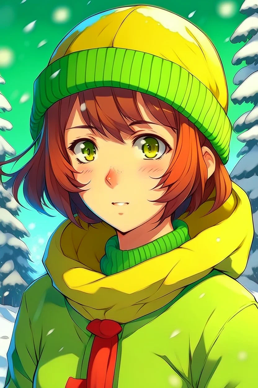 Girl with short brown hair, red eyes, green sweatshirt with a horizontal yellow stripe, he is wearing a Christmas hat, and in the background there are trees in the cold winter with lots of snow, Anime HQ style