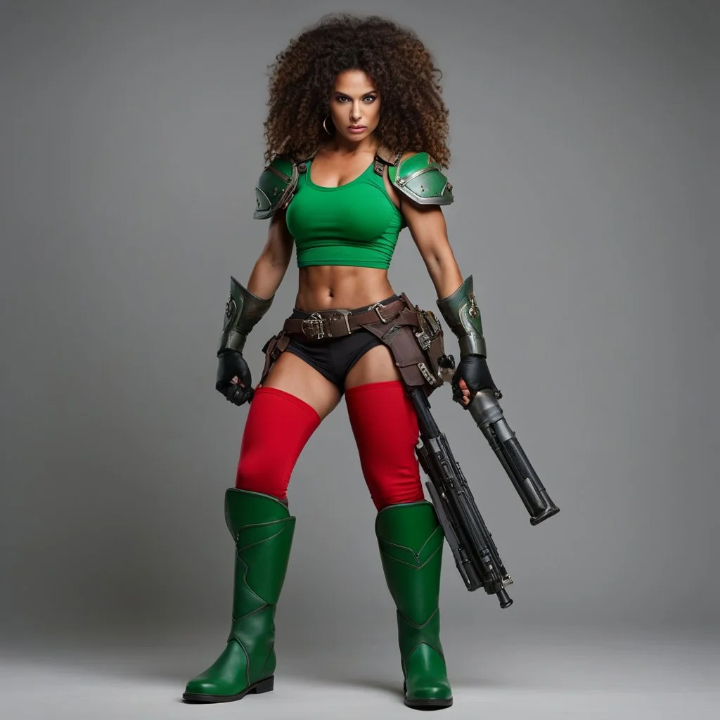 [high res photo for Heavy Metal] a warrior woman with curly hair has two big pistols, she has her hands in front of her face, a red revealing t-shirt, muscular legs and big boots. She war greek gloves and green shin guards. She is Amok, ready to attack
