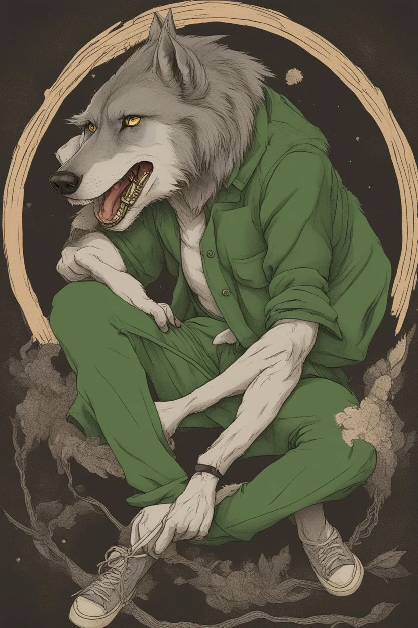 Sense of liberation by a beautiful green werewolf wearing a shirt and baggy pants