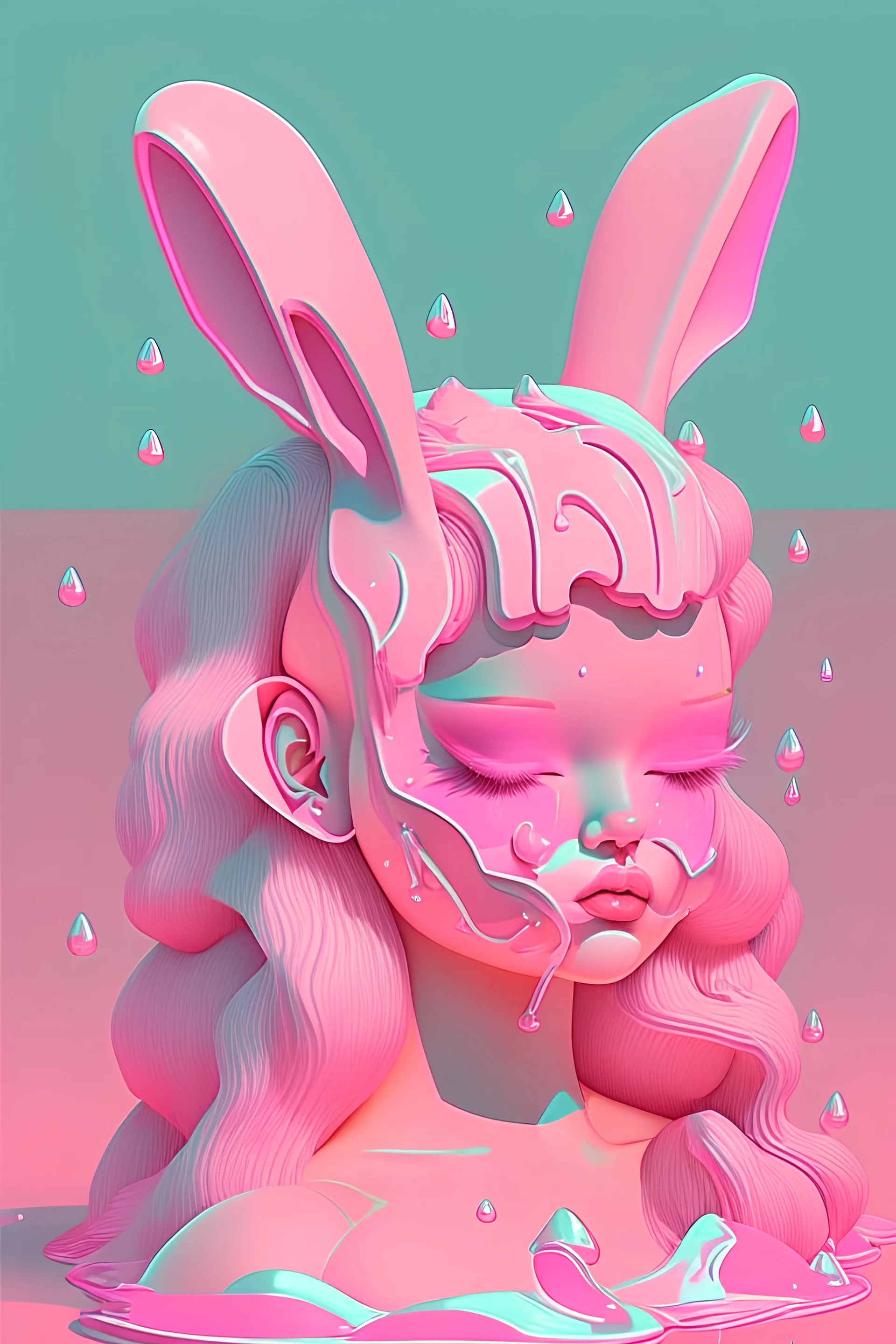 girl, bunny , mask, hair slime, out her mind, pink tones, pastel tetradic colors, 3D vector art, isometric style, retro aesthetic,