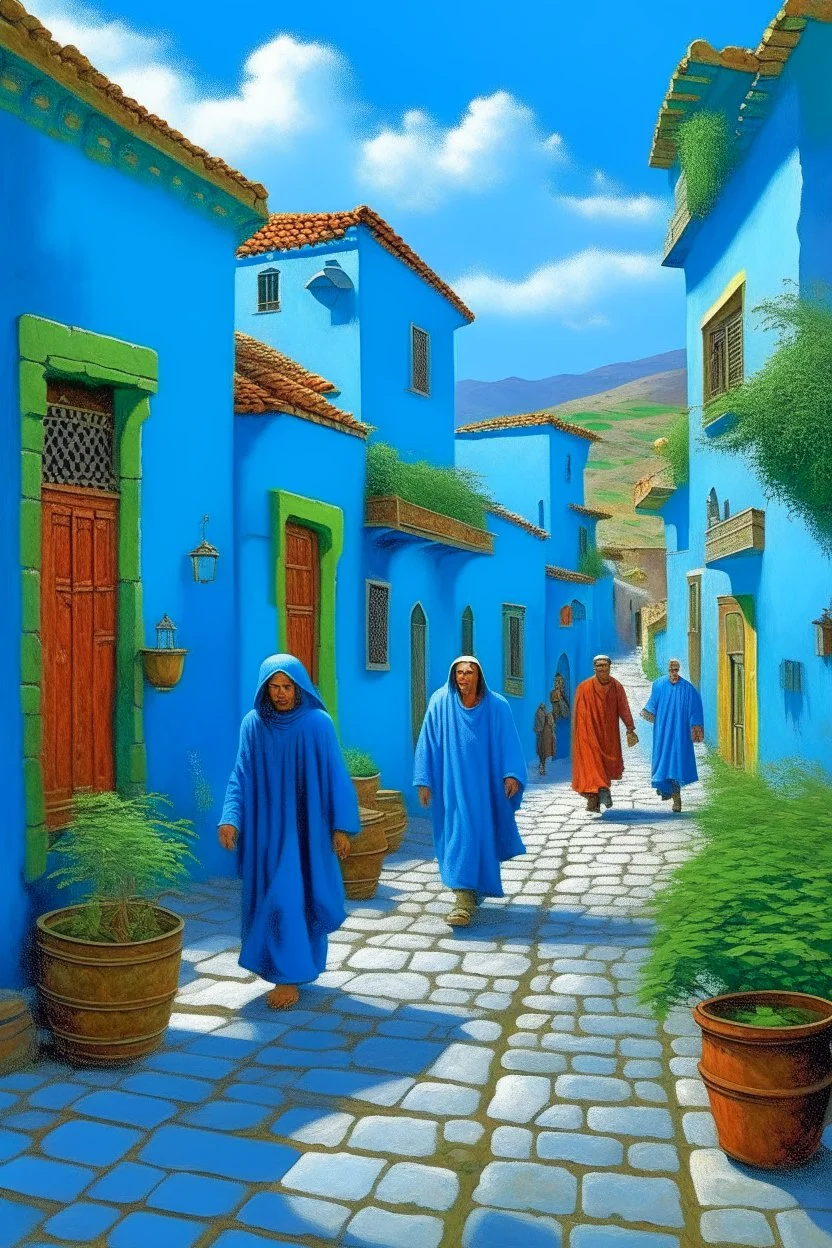 The picturesque Chefchaouen, or Blue City, nestled in the Rif Mountains. Detailed, hyper realistic representation. The narrow winding streets are bathed in various shades of blue, doors, walls, and even the cobblestone pathways. Potted plants add spots of green against the blue backdrop. A few locals are seen going about their day.