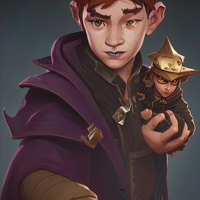 Portrait of a little handsome warlock kid with his gargoyle by Nick Harris