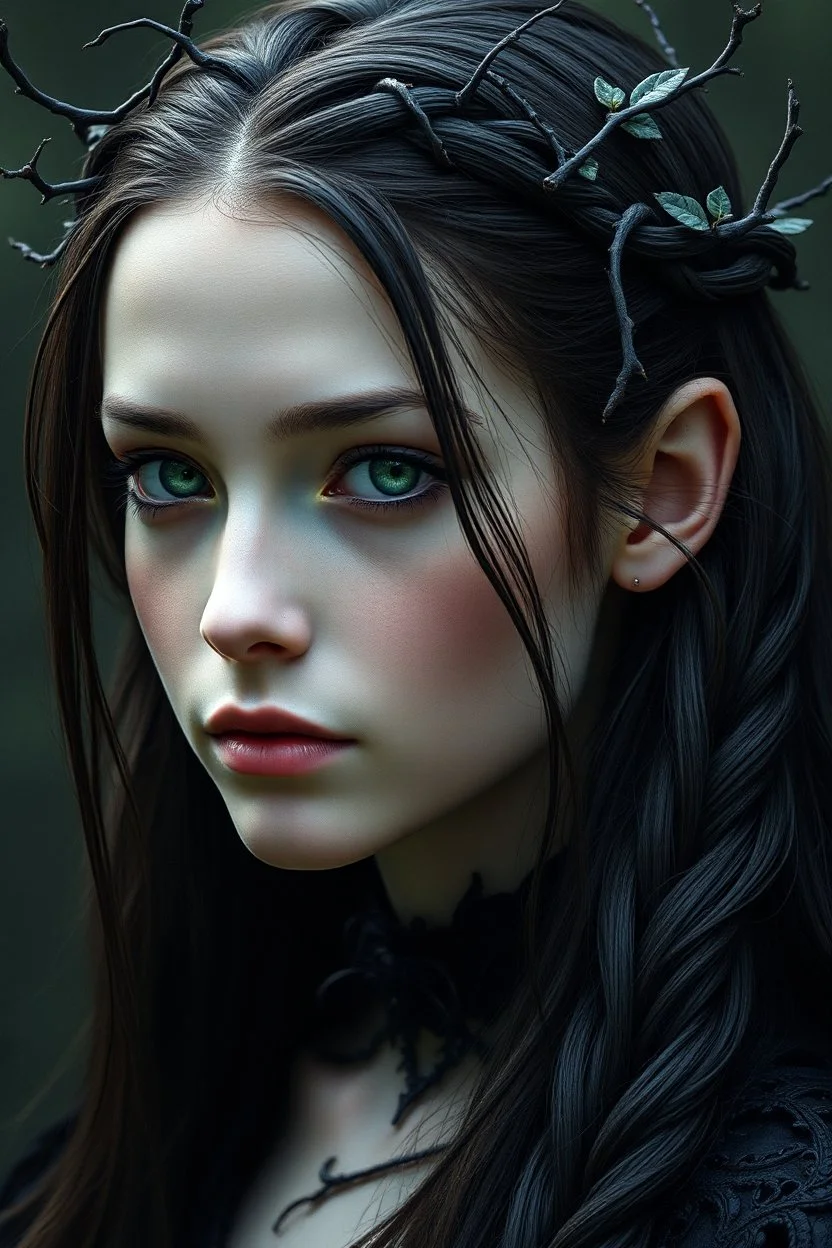 Young beautiful female Hexblood Warlock, long dark brown-black hair styled in elegant half-braids, glowing pale emerald-green eyes, delicate facial features. Thin twisted black thorn-like branches grow naturally from one side of her head, weaving seamlessly through her hair like an eerie crown, with tiny dark leaves and vine-like roots blending into her scalp. Faint dark vine markings trail along her neck and collarbone. Dark fantasy, realistic, cinematic, highly detailed.