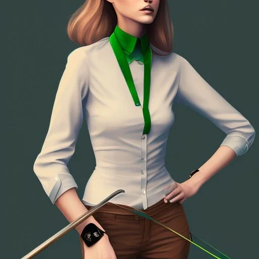 Woman with crutch, back, black trousers, green shirt, render background, brown hair