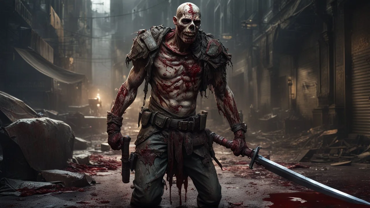 a rotting zombie warrior. carnage in a city. armor fused to the skin. blood. broken bones. bleeding eyes. broken fangs. broken jaws. broken armor. gloves.intense horror. blind terror. scared to death. a masterpiece, fantasy concept art, dynamic lighting, hyperdetailed, intricately detailed, deep color, Unreal Engine, volumetric lighting, Epic cinematic brilliant stunning intricate meticulously detailed dramatic atmospheric maximalist digital matte painting