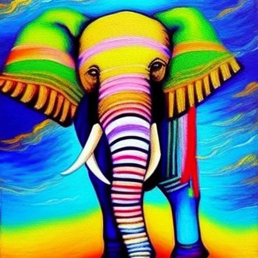 Dibujo al oleo de un elefante indio pintado con muchas nubes de colores estilo Vincent van Gogh