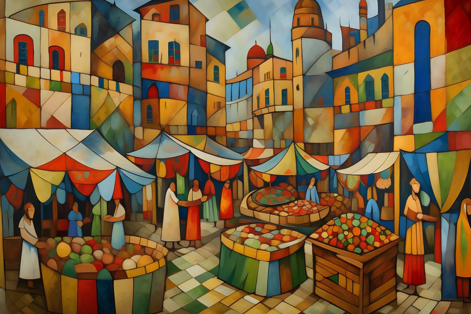 A textured cubism painting of a market place