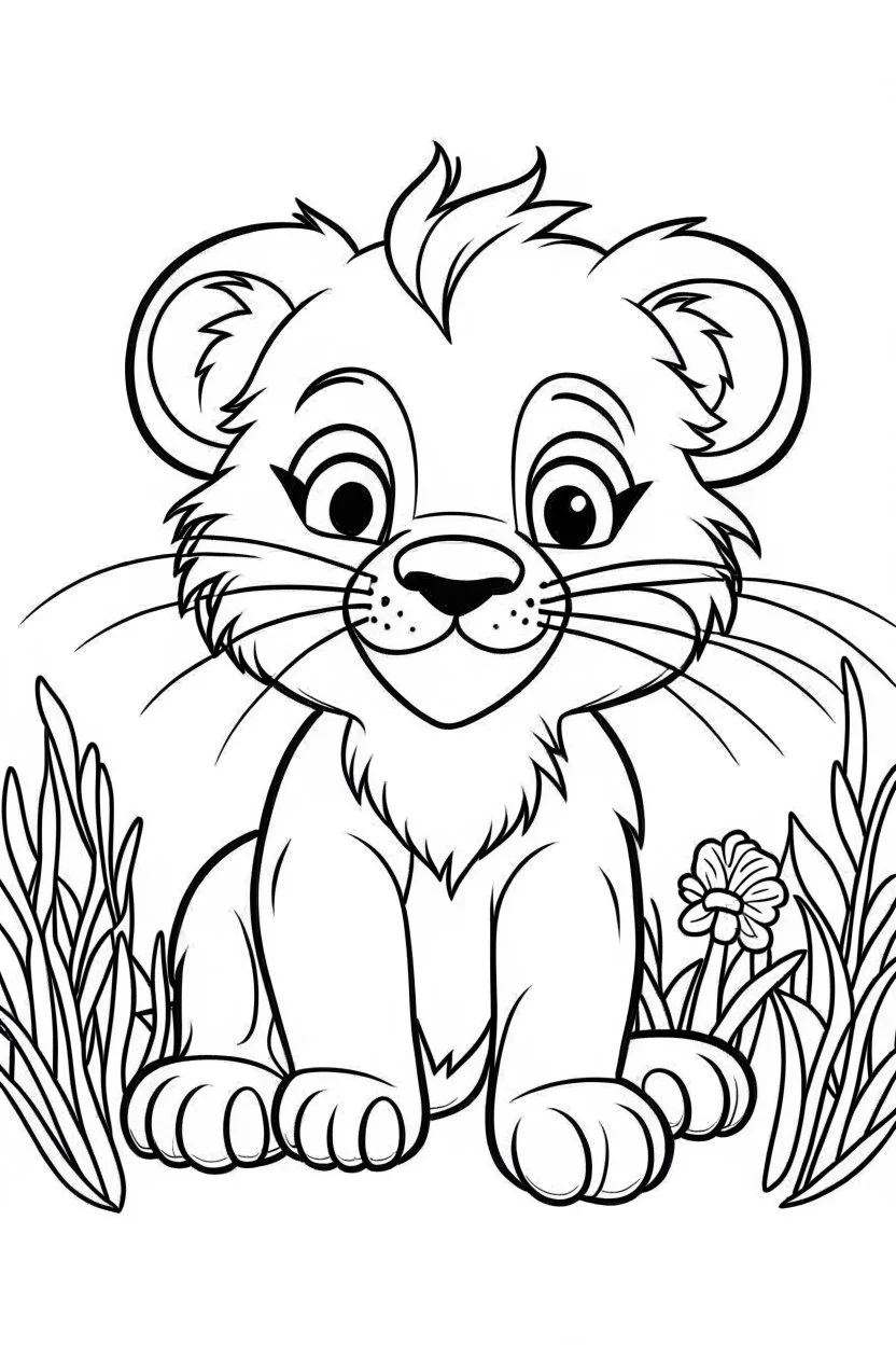 cute coloring page, sketch style, cute baby Lion in the jungle, cute cartoon, white and black, withe background, no shadows, outline.