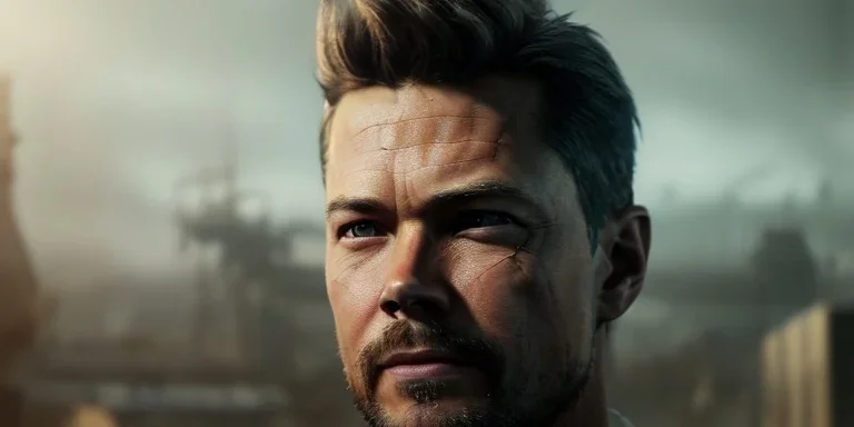 portrait, Handsome The Callisto Protocol elder Josh Duhamel, Space suit, post-apocalyptic in a cyberpunk city, realistic, intriacte detail, sci-fi fantasy style, volumetric lighting, particales,highly detailed,cinamatic, deep