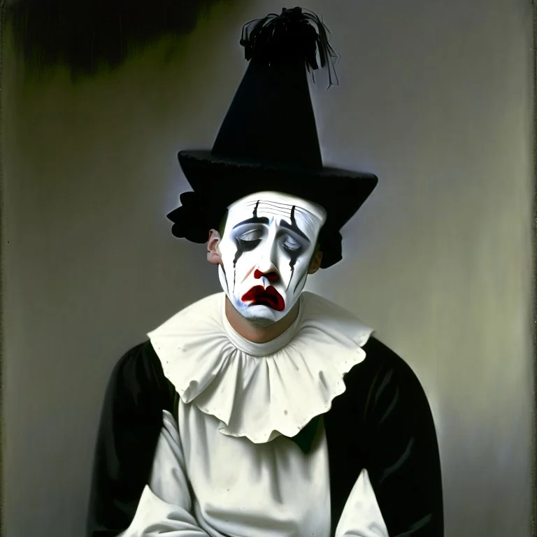 A Pierrot (the sad clown), with a heavily painted white face, wearing a loose, white tunic with three large black buttons, an oversized black accented ruffled collar, and long sleeves, a tight black dunce hat on his head, french mime, his expression is sad, lonely, and embodies artistic sentiment, the foreground and background slowly and subtly in a liminal space seem to merge, the clown as an elevated art form, modern art, conceptual performance art, storybook like illuatration, Beardsley, very