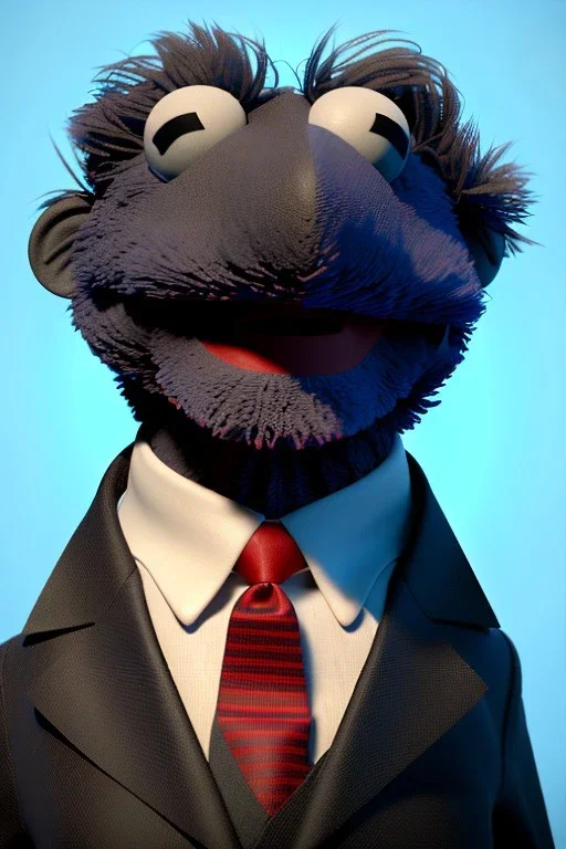 Waist up muppet Portrait, Xi Jinping as muppet doll, Black suit, red tie, photo studio, blue background, unreal engine 5, concept art, art station, god lights, ray tracing, RTX, lumen lighting, ultra detail, volumetric lighting, 3d.