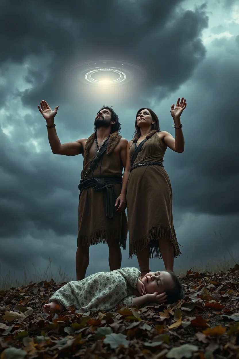 A Stone Age man and his wife crying ,wearing an animal skin cloths standing with anger , looking up to the sky , raising both hands up like prayer. His small baby who is laying dead on the ground covered with leaves, A cloudy stormy behind a dim lighting of ufo light n the sky,4k, dramatic scene,