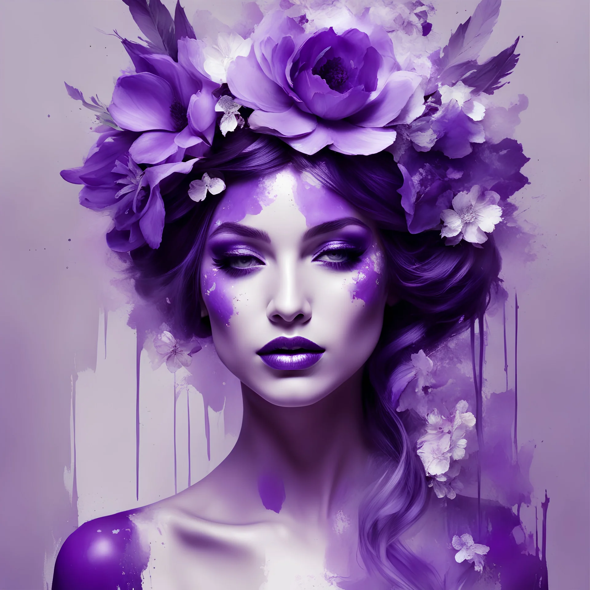 figure of a beautiful woman with flowers on her head, filled with purple paint with silver smudges