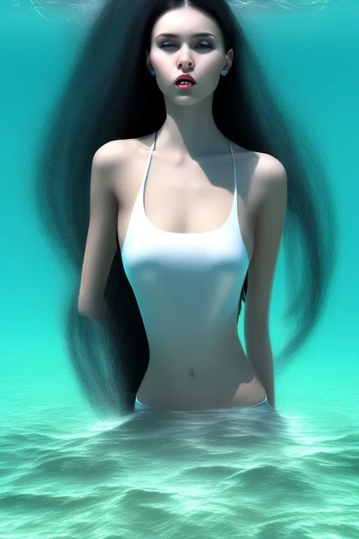 black long hair lady with white top in the ocean