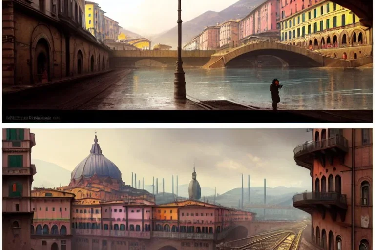 Train under bologna portici +riomaggiore+genoa street+turin+Italian medieval town+Italian city+alphonse mucha, greg rutkowski,matte painting, cryengine, hyper detailed, felix kelly, fantasy art, seb mckinnon