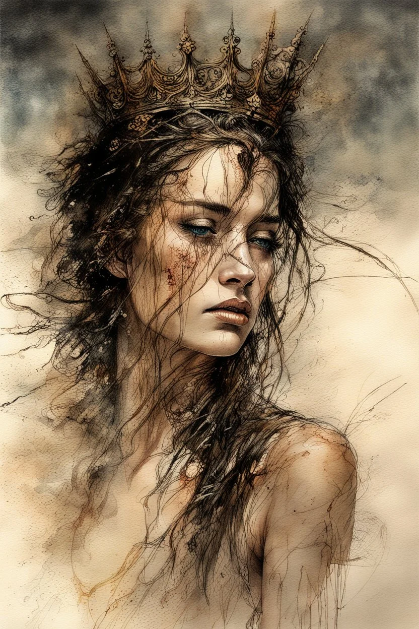 Hyper-photorealistic watercolor art style by Luis Royo & Carne Griffiths, Surreal fine art etching of a figure by Luis Royo, tanned skin inscribed with the transient story of mortality, ethereal light playing with its form whispering tales of an eternal realm, eyes, black as the depths of the night, ardently pinand looking towards the endless skies, a crown of black hair mirroring the mystery of the cosmos around, whole scene tinged with an ethereal softness from volumetric lighting, hues gr, My