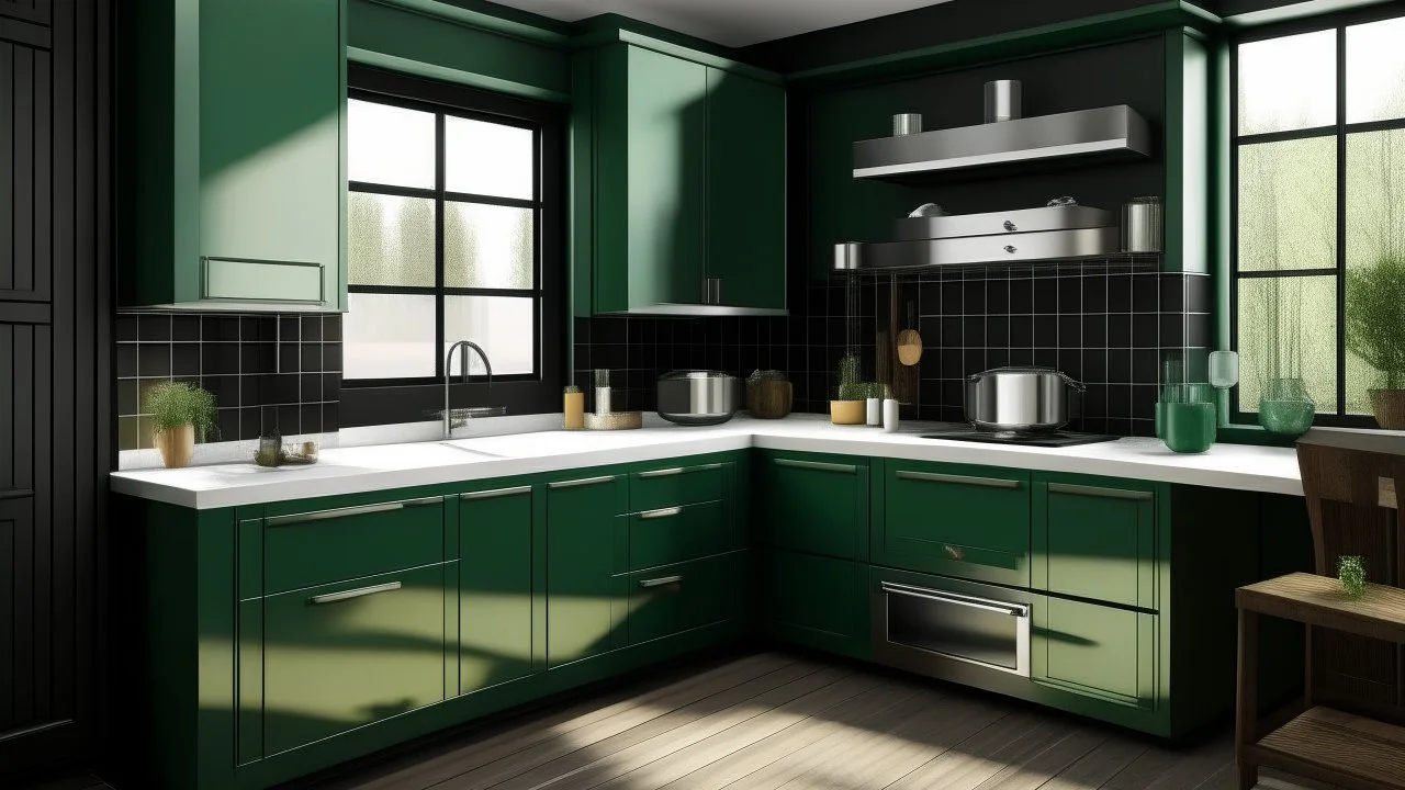 kitchen with dark green furniture, on the left side by the window from the bottom up, a microwave and an oven installed in the furniture, and on the right side and next to it an induction hob and a cooker hood above it, on the right side there is a sink and a dishwasher underneath it