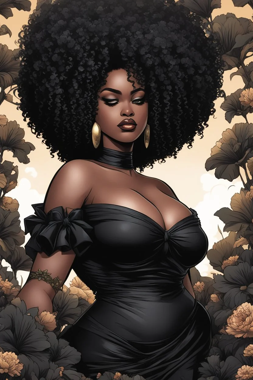 Create an comic drawing image of a curvy size black female wearing a black off the shoulder blouse and she is looking down with Prominent makeup. Highly detailed tightly curly black afro. Background of large black flowers surrounding her