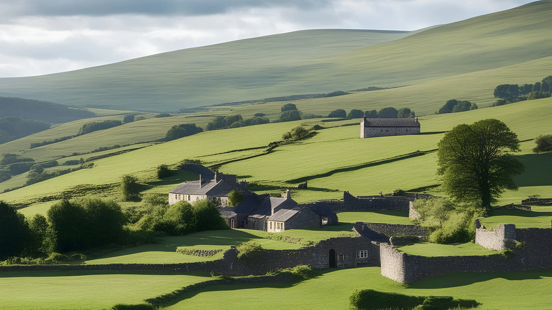 Beautiful landscape in the English Yorkshire Dales, hills, fields, rural buildings, stone walls, balance, chiaroscuro, peace, tranquillity, beautiful light and colour