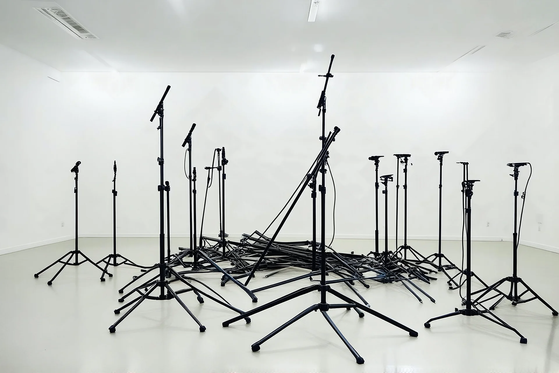A pile of microphone stands in an empty white room