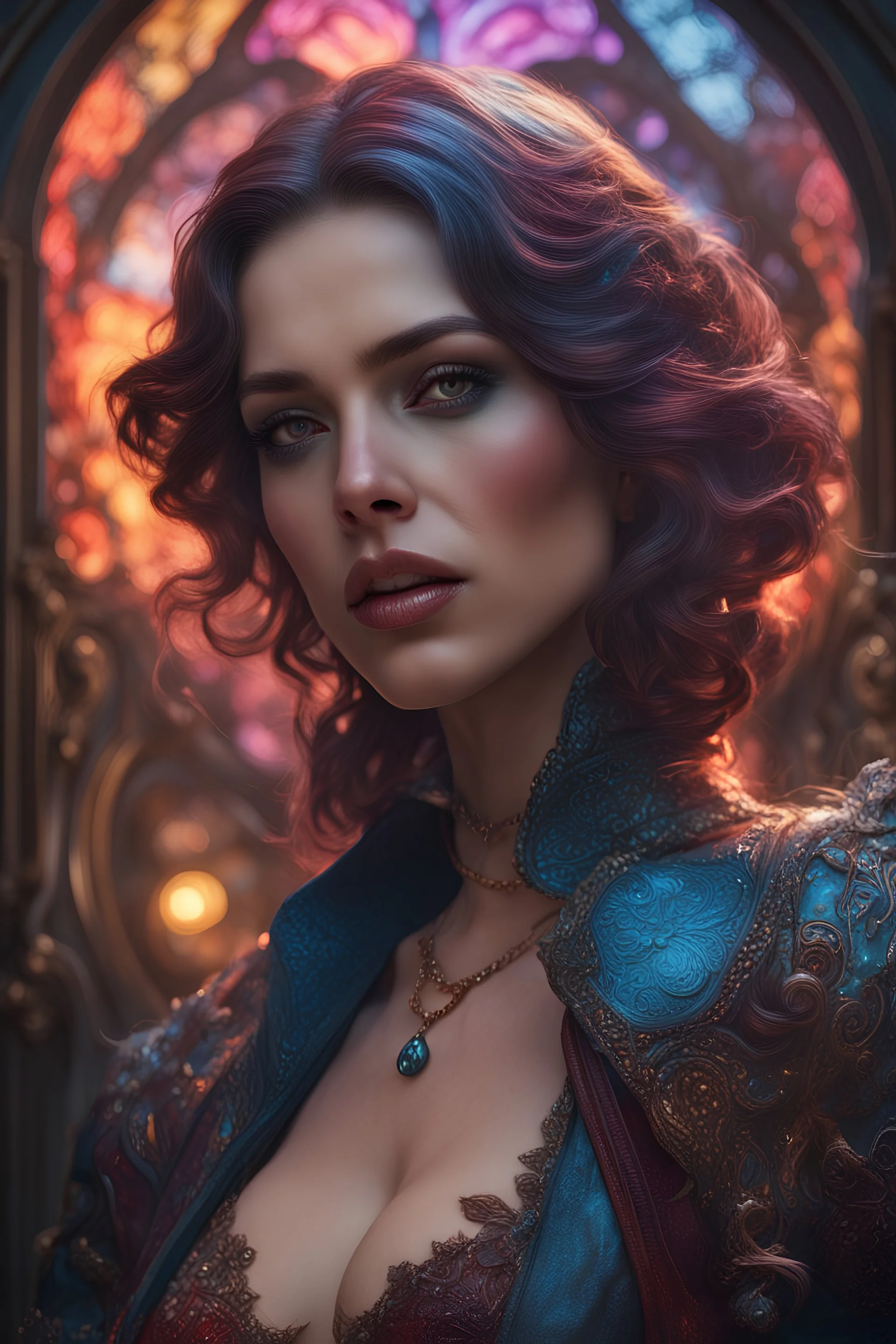 A hyper detailed close femme fatale, photorealistic, award winning photography, colorful, highly detailed, 8K,a masterpiece, 8k resolution, dark fantasy concept art, by Greg Rutkowski, dynamic lighting, hyper detailed, intricately detailed, Splash screen art, trending on Artstation, deep color, Unreal Engine, volumetric lighting, Alphonse Mucha, Jordan Grimmer- -ar 3:4