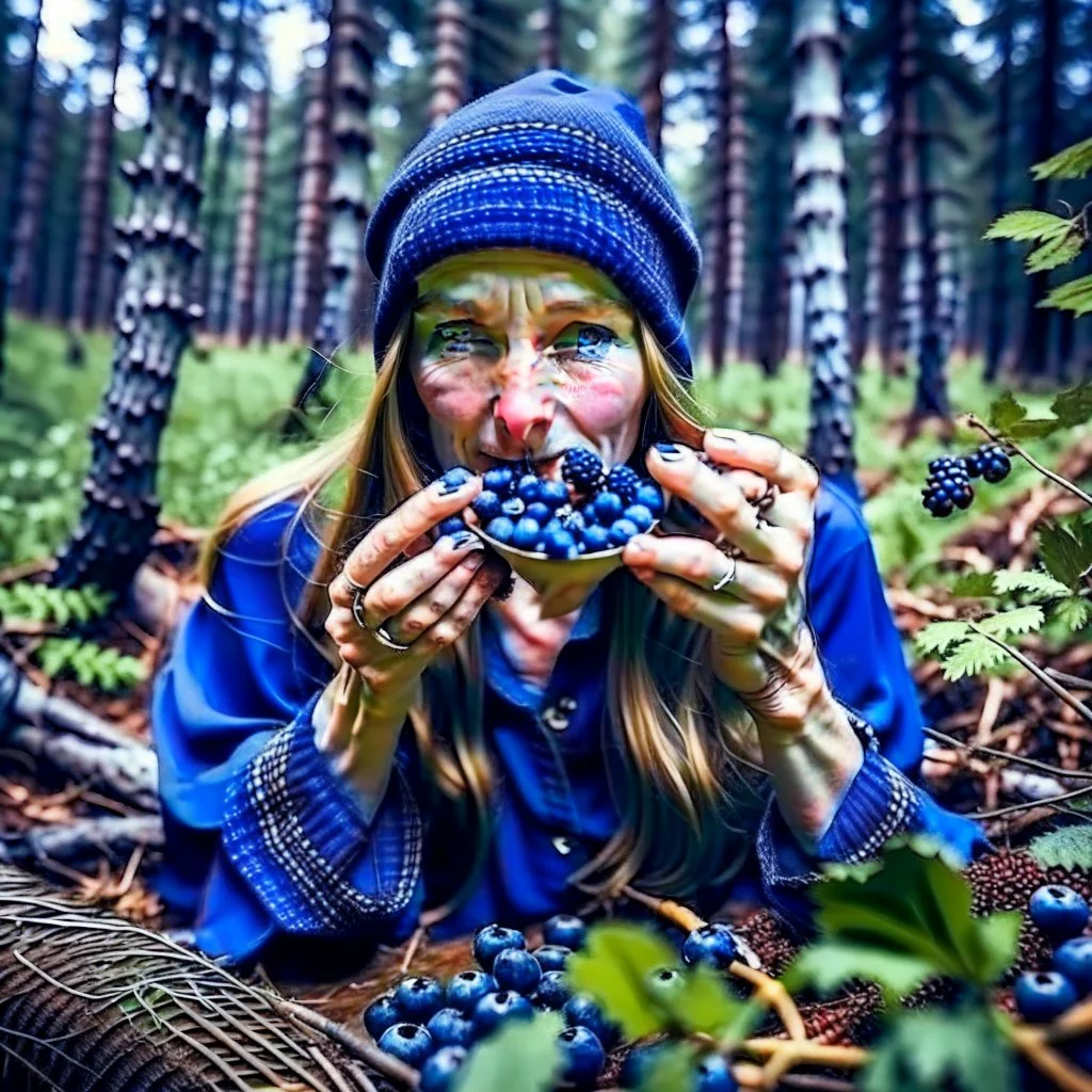 woman in the forest picking and eating blueberries and her mouth and hands are covered with blueberries, woman is stylish