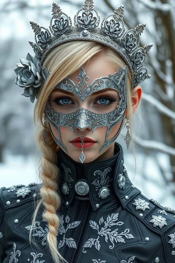 Beautiful faced young blond winter queen biomechanical woman, wearing silver goth punk metallic filigree floral face masque, adorned with goth punk silver metallic diadem headress, wearing biomechanical amalgamation style leather jacket dress ribbed with silver floral metallic filigree biomechanical vantablack pattern, organic bio spinal ribbed detail of gothic winter snowy backround extremely detailed maximalist hyperrealistic portrait