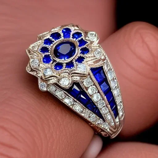 diamond and sapphire ring, art noveau, filigree, floral, breathtaking, highly ornate, delicate, intricate, photorealistic, high fashion, fine jewellery, luxury, designer