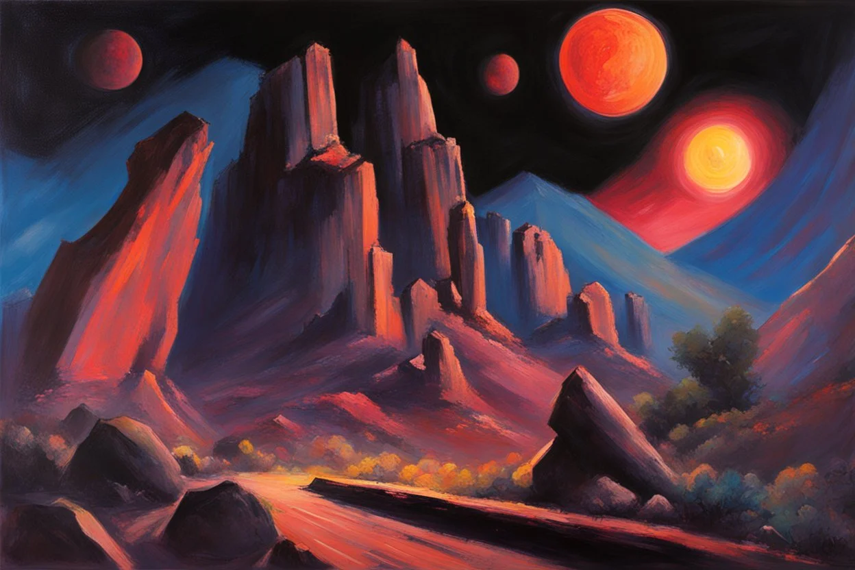 Night, mountains, rocks, 90's sci-fi movies influence, rodolphe wytsman impressionism paintings