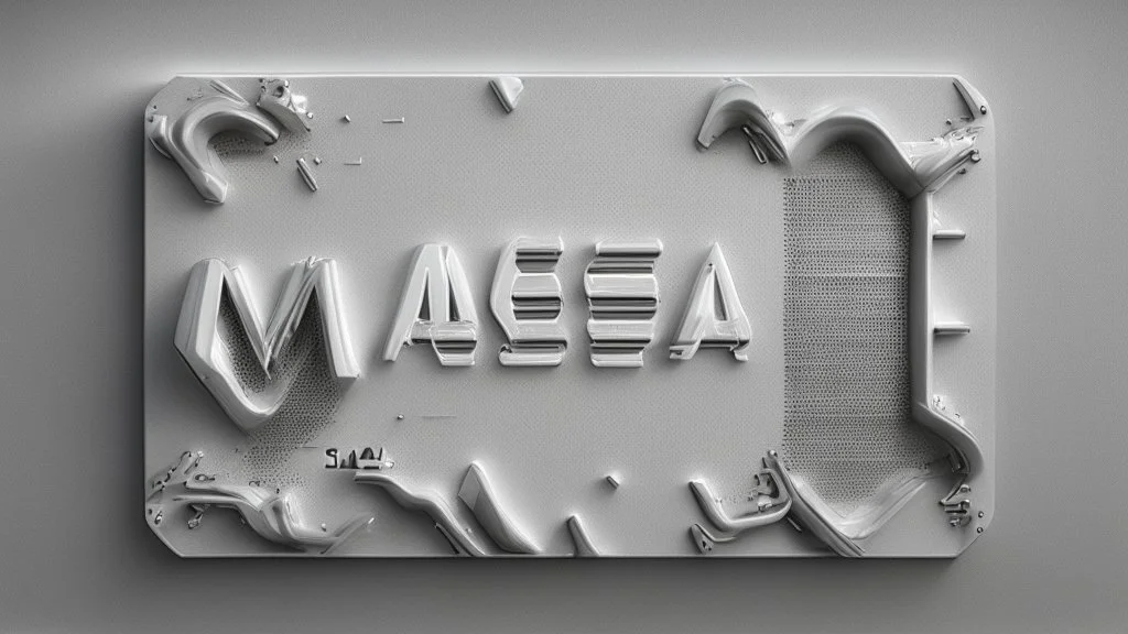 futuristic, realistic, techno, write masadecrea maya style on matte white metal plate