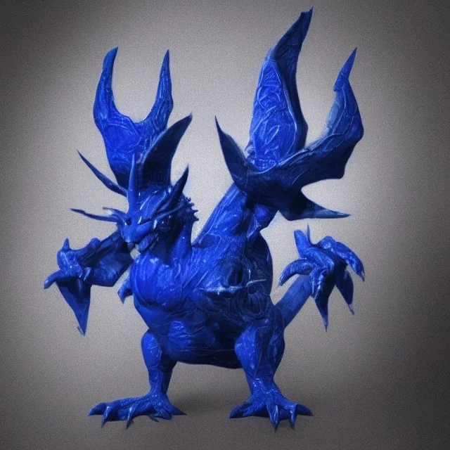 blue humanoid dragon . It has a white chest and jaw, with an V on its chest, with two lines coming out of the bottom of the V to make it look like an X. It has a yellow V on its head, three fingers on each hand, three toes on its feet and has small horns in place of knuckles. It has a blue tail and white angel wings.